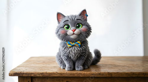 Cute Gray Cat with Bright Green Eyes and Bowtie on Wooden Surface