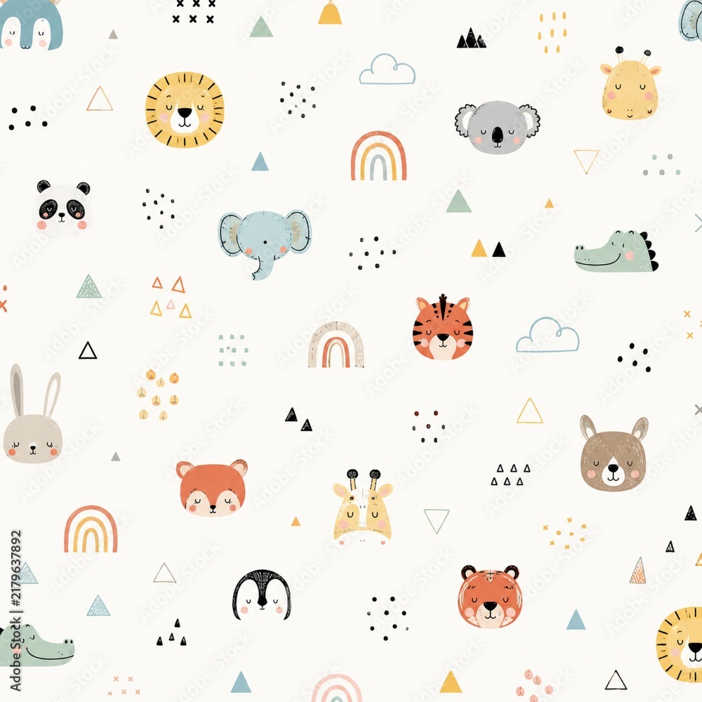 Obraz premium Cute Animal Faces Seamless Pattern with Pastel Doodles