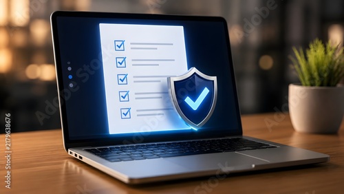Digital compliance checklist and secure document verification concept on laptop screen with protective shield representing legal contract and data privacy