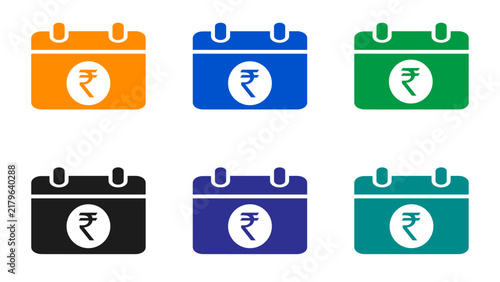 Rupee Calendar Icon Set Payment Due Date in Six Colors