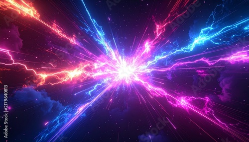 強力な閃光から放射状に疾走するマゼンタの光線束。青いプラズマ稲妻と星雲状の光が全方位へ拡散するSF背景素材