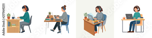 Collection of flat vector illustrations depicting women working on laptops with headphones at desks.