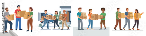 Flat vector illustration set of diverse people carrying cardboard boxes during home relocation and delivery service.