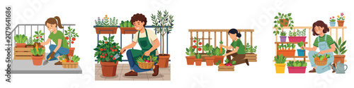 Illustrations of people practicing urban gardening and harvesting fresh vegetables on apartment balconies.