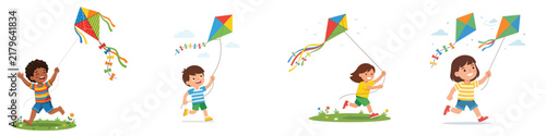 Set of diverse children flying colorful kites outdoors in a flat vector style.