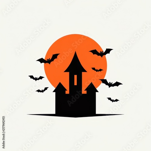 Minimalist gothic castle vector illustration with black bats and orange sun