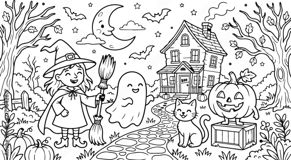 Fototapeta premium Charming halloween scene with a witch ghost black cat and spooky haunted house