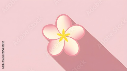 Minimalist Pink Plumeria Flower Illustration with Long Shadow on a Soft Pastel Background