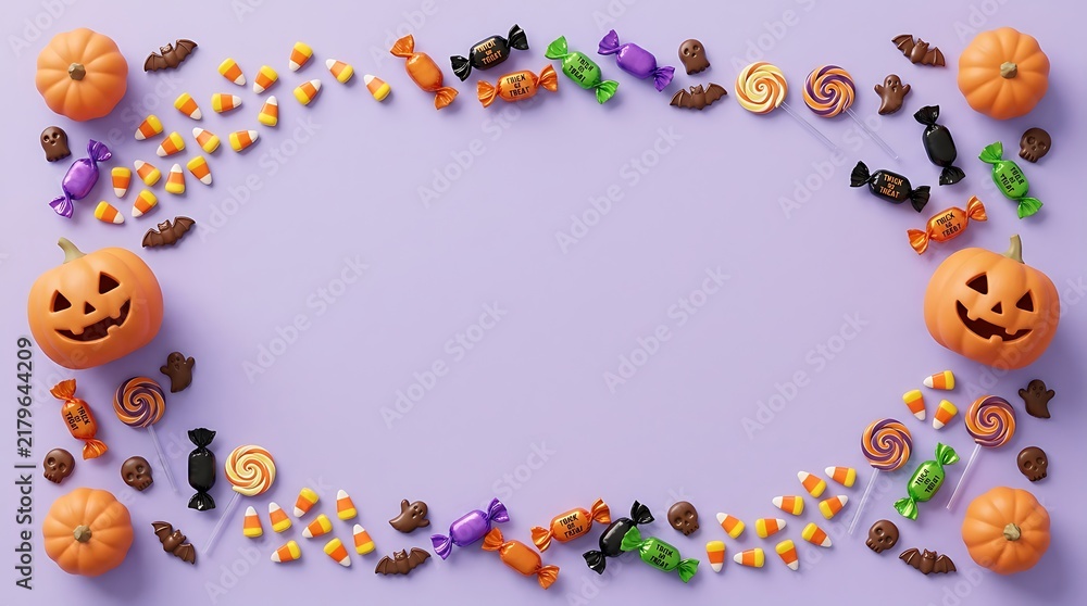Fototapeta premium Flat lay arrangement of halloween candy and jackolantern pumpkins on a light purple background