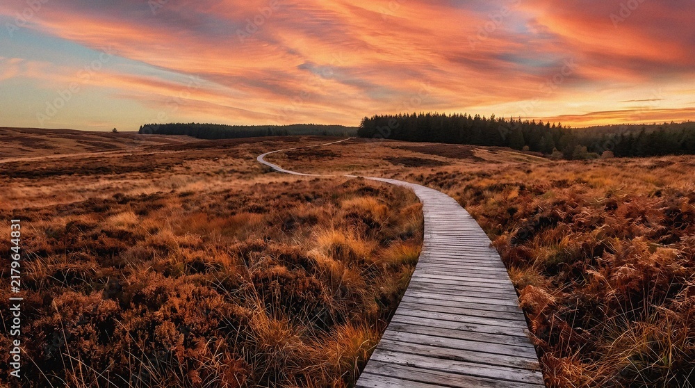 Obraz premium Winding boardwalk path through moorland landscape at dramatic sunset