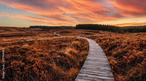 Winding boardwalk path through moorland landscape at dramatic sunset