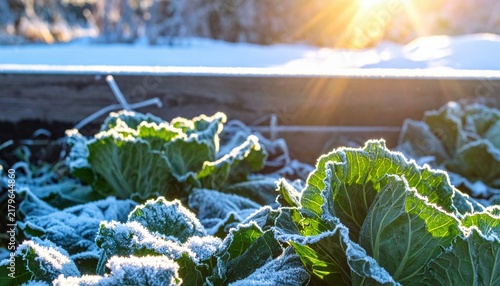 Frost-Covered Cabbage Leaves in Sunlit Winter Garden with Snowy Background