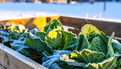 Frost-Covered Cabbage Leaves in Wooden Planter Box on a Sunny Winter Morning