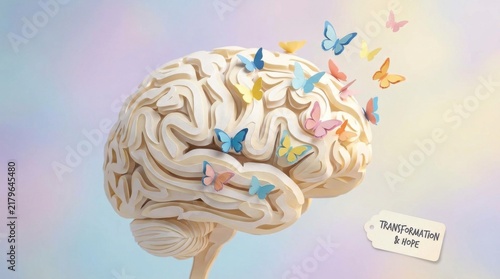 Human Brain with Colorful Origami Butterflies Flying for Creative Mind
