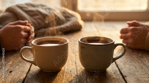 Two Hot Steaming Coffee Cups on Rustic Table Beside Cozy Knitted Blanket