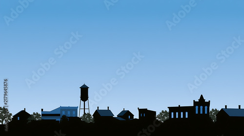 Charming small town skyline silhouette vector illustration featuring quaint houses, historic buildings, water tower, and trees against blue sky