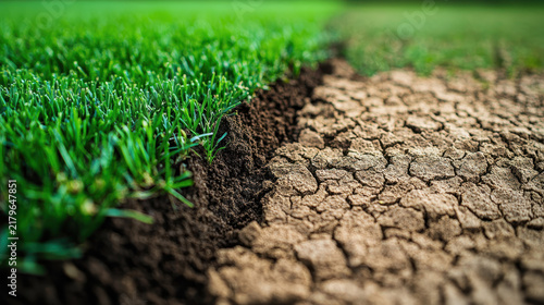 Grass and dry soil are shown side by side, highlighting a contrast in land conditions and health