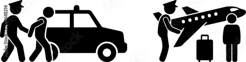 Deportation and arrest icons, police officer detaining suspect by car, immigration enforcement at airport with airplane, black vector silhouettes