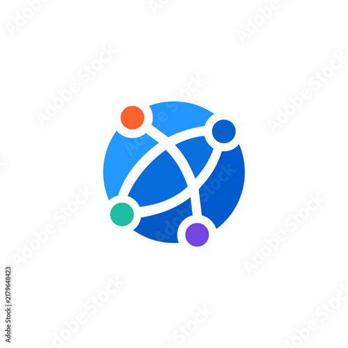Global network logo with colorful connected nodes around a circular globe, ideal for technology, community, communication and data services.