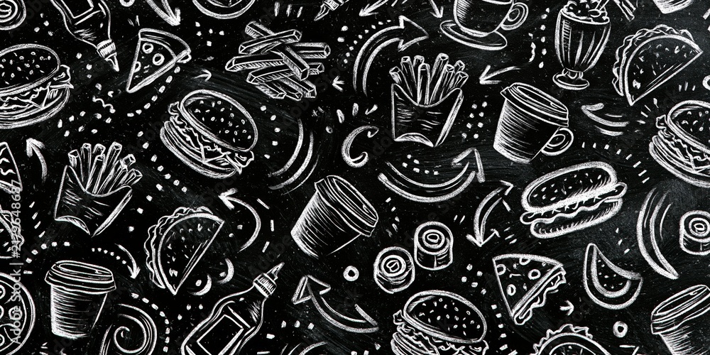 Naklejka premium Chalkboard-style illustration of fast food items including burgers, fries, tacos, pizza, and drinks, drawn in white chalk on black background with playful doodles and arrows.