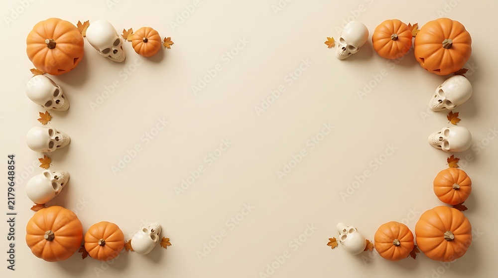 Obraz premium Autumn harvest border frame made of small orange and white pumpkins on a beige background