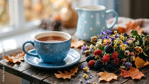 Cozy autumn morning scene with a steaming cup of tea and fresh berries on a rustic wooden table