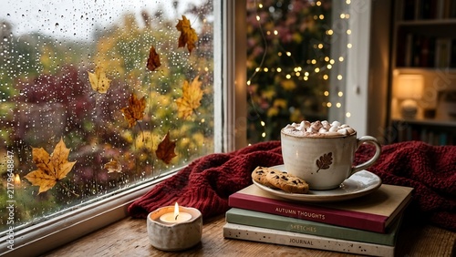 Cozy autumn scene with hot drink on books by rainy window