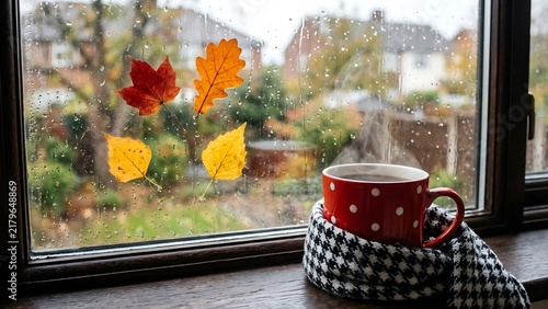 Cozy autumn scene with hot steaming drink and colorful leaves on rainy window