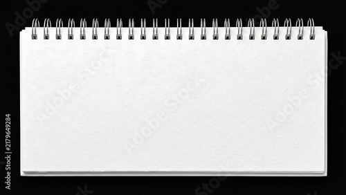 Horizontal spiral notepad with blank white paper on dark surface