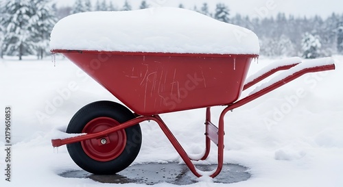 A vivid red wheelbarrow, laden with a soft blanket of freshly fallen white snow, patiently awaits spring in a peaceful and serene winter landscape
