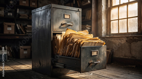 Metal filing cabinet with an open drawer full of old documents in an archive