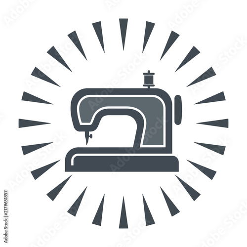 Sewing machine icon with sunburst design around it symbolizing creativity and productivity