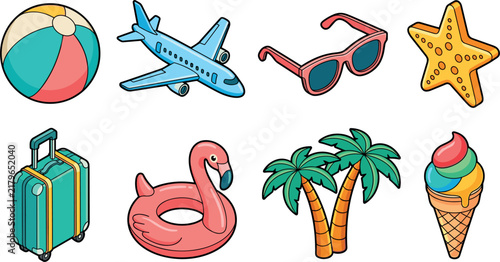 Summer Vacation and Beach Travel Icon Set with Airplane Suitcase Sunglasses Flamingo Float and Palm Trees for Holiday Design Layouts
