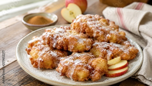 Plate of glazed apple fritters dusted with powdered sugar and cinnamon, served with apple slices on a rustic wooden table