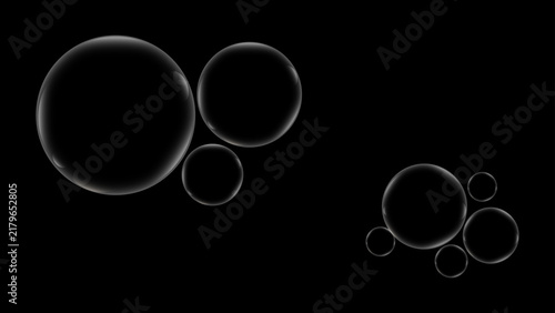 Realistic transparent soap water bubbles on black background
