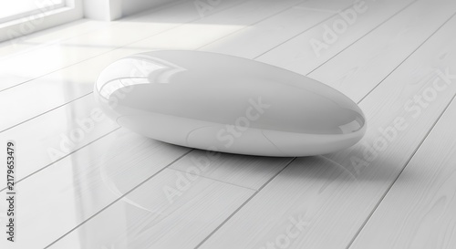 A Polished White Smooth Stone Shape Resting Elegantly on a Bright Reflective Wooden Floor Surface