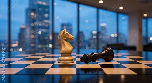 White knight chess piece standing over fallen black king on board in modern office