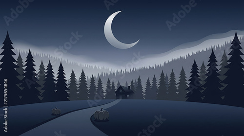 Pixel art landscape with a crescent moon over a cabin in a dark forest