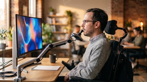 Disabled man working with assistive technology in modern office