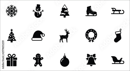 Collection of winter holiday icons including snowflakes trees and reindeer in a flat style snowflake