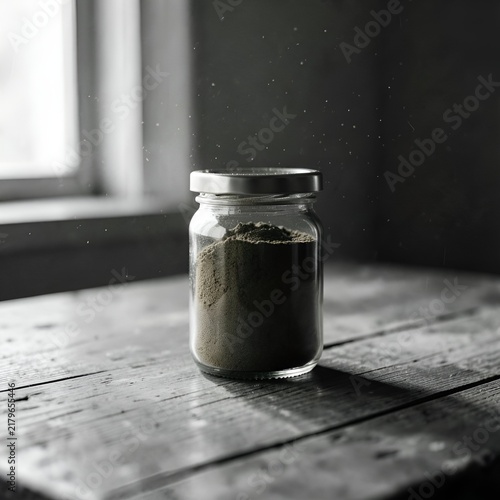 Jar of powder on wooden table with natural light from window  