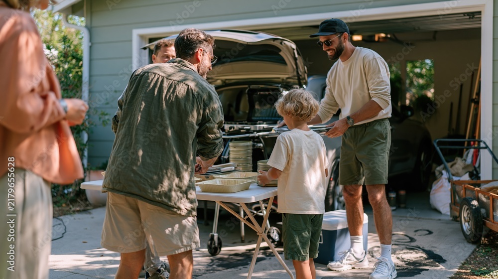 Fototapeta premium Folding table set up for a driveway party, featuring a portable grill and open car hatch in cool overcast light for home hosting and game day