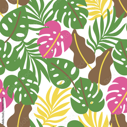 Seamless pattern with tropical leaves. Green leaf plants. Jungle nature background, endless design. Abstract botanical fabric, wallpaper, textile, wrapping. Flat vector illustration.
