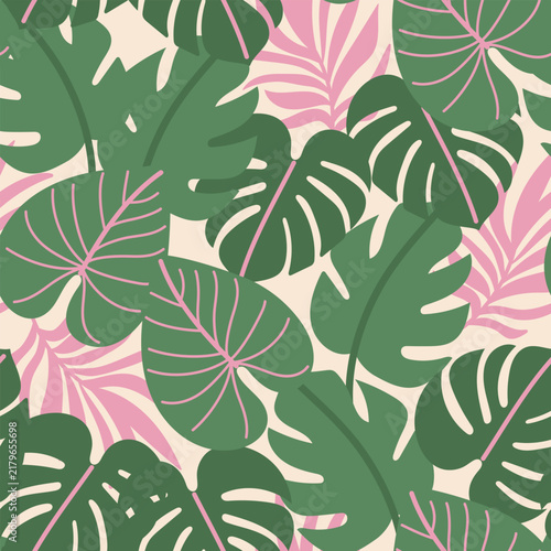 Seamless pattern with tropical leaves. Green leaf plants. Jungle nature background, endless design. Abstract botanical fabric, wallpaper, textile, wrapping. Flat vector illustration.