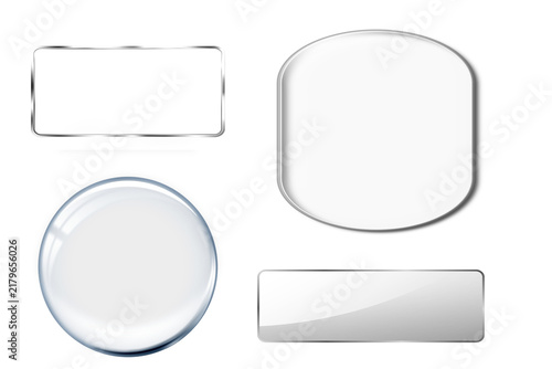 Transparent glass button set clear acrylic plate silver frame glossy banner collection isolated on white background