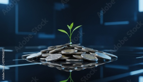 Investment Growth Symbolism: A small seedling sprouts from a pile of coins, symbolizing financial growth and investment in a futuristic, abstract digital environment.