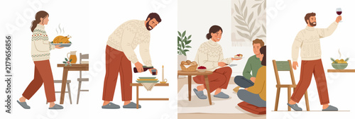 Flat vector illustration set of people preparing and enjoying a festive holiday dinner with roasted turkey, wine, and warm social gathering.