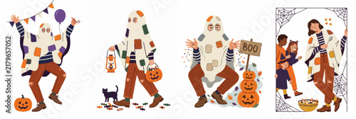 Set of Halloween illustrations featuring a character in a colorful patched ghost costume celebrating, trick-or-treating, and spending time with friends.