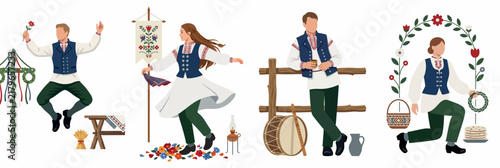 Set of Swedish Midsummer Celebration Illustrations Featuring People in Traditional Folk Costumes, Dancing, Jumping, and Celebrating with Cultural Symbols.