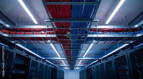 Data center server room with overhead cable management and network infrastructure.